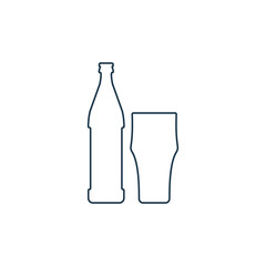 Beer bottle and glassware. Alcoholic drink for parties and celebrations. Simple black line shapes isolated. Illustration on white background. Flat design style for any purposes