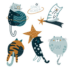 Cute cats in space vector clipart. Cute cartoon cat characters with in cosmos. Ready design for cards, poster, apparel.