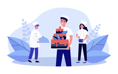 Happy confectioner holding big cake. Smiling cook finishing order, proud colleagues flat vector illustration. Cooking, cafe, restaurant concept for banner, website design or landing web page