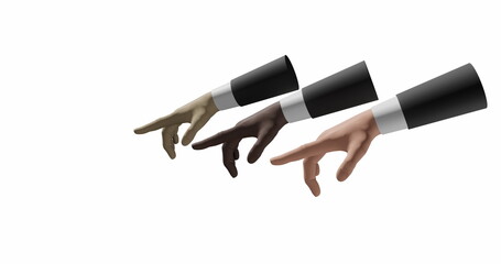three hand of a man of different races multicultural hands pointing finger of a business man in a suit and white shirt