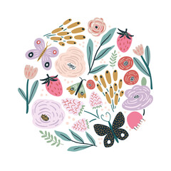 Floral composition with flowers, branches, butterflies, berries. Floral circle. Ready design for greeting card, posters, apparel