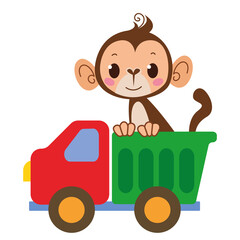 Fototapeta premium Monkey monkey driver. Vector toy cartoon truck. Auto kids funny and cute logo. Shipping. Boyish print - for clothes, cards, banners. Comic clipart drive cool