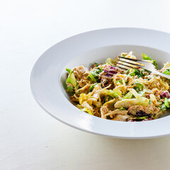 bunter, gemischter Salat mit Thunfisch und Joghurt- / Olivenöldressing