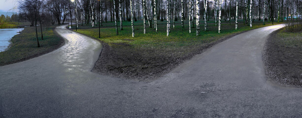 Two asphalt alleys illuminated by night lights at dusk diverge in different directions