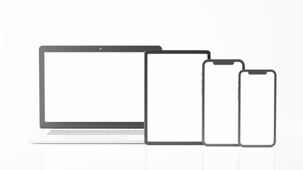 3d render of realistic set computer laptop, tablet, smartphone for your mockup design
