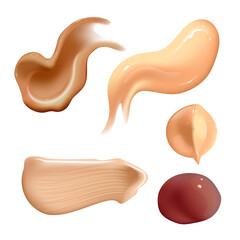 Fototapeta premium Set of realistic cosmetic cream smears. Skin toner of different body colors. Lotion smooth smear isolated vector texture on white background.