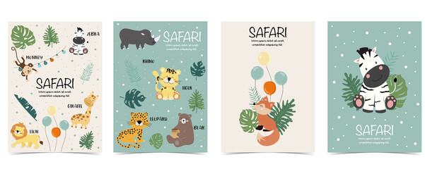 Set of cute safari with giraffe, zebra,monkey.Vector illustration for baby invitation, kid birthday invitation,banner and postcard - obrazy, fototapety, plakaty