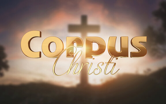 corpus christi texto 3d em ouro com fundo de cruz