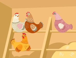 Cute cartoon hens in barn. Group of chickens sitting in henhouse flat vector illustration. Countryside, farm, Easter, agriculture concept © Bro Vector