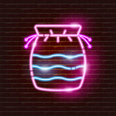 Reusable shopping bag neon icon. Eco friendly style. Zero waste concept.