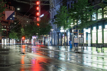 Night lights at street Bahnhofstrasse in Zurich, Switzerland