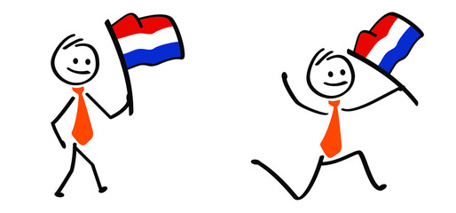 Business stickman waving withe the netherlands flag, traditional festival on april. Holland, King's Day or Queen's Day. Stick figures with orange necktie and clothing. Vector dutch party sign. 