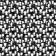 Big crowd people black seamless pattern. Monochrome vector illustration. 