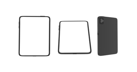 New Realistic Scalable Tablet black Space Gray Drawing Pad. Blank Screen Isolated. Front, Back, and Side Display View. High Detailed Device Mockup. Separate Groups and Layers. 3d illustration.
