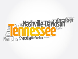 Obraz premium List of cities in Tennessee USA state, map silhouette word cloud map concept background