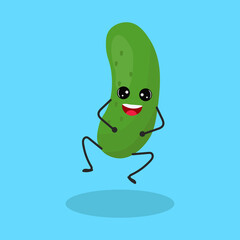 Cartoon cucumber  with cute face. Illustration with funny and healthy food.  Isolated on blue background.  Vegan concept