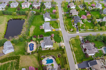 Aerial view landscape on small american town district with houses and roads