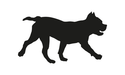 Black dog silhouette. Running american bully puppy. Isolated on a white background.
