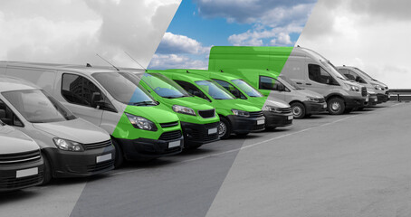 Delivery vans in a row. The band makes them green. Clean transportation concept