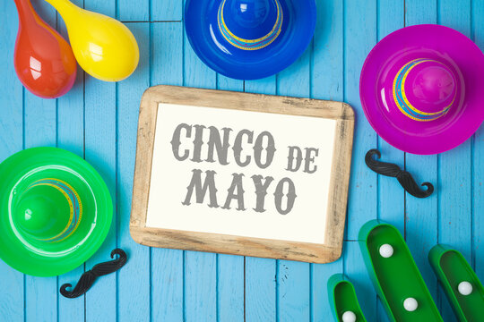 Cinco De Mayo Holiday Background With Mexican Cactus, Photo Frame And Party Sombrero Hat On Wooden Board