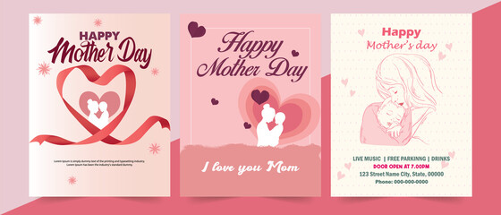 Happy Mother's Day poster and banner template with flowers on light blue background. Vector illustration for women's day, shop, invitation, discount, sale, flyer, decoration.