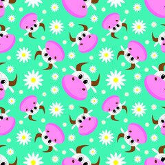 Cute cartoon cows and flowers seamless pattern. Vector illustration.