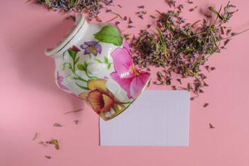 Invitation stationery mockup on the divorce celebration. Shard of a cup. Dried lavender. Copy space.