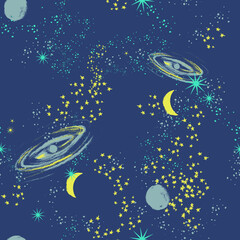 seamless space, moon, planets vector print design