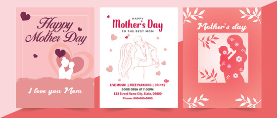 Set of Mother's Day greeting cards with paper cut flowers. Mother Day flyer, social media, greeting banner, fashion ads, poster, promotion.