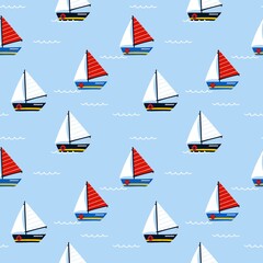 Sailing yacht seamless pattern. Cartoon hand drawn colorful sail childish collection, water transport on blue background. Kids decor textile, wrapping paper, wallpaper vector print or fabric