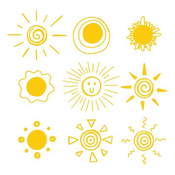 Yellow doodle sun set. Hand drawn solar symbols collection, spf and uv protection emblem label or badge, abstract design for logo, vector isolated on white illustration