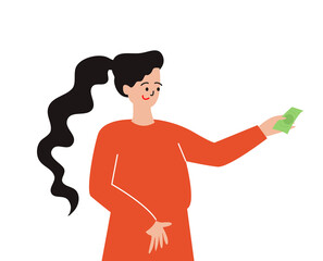 The girl holds out the money for payment, the money in her hands