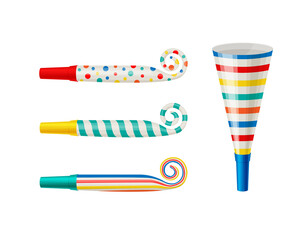 Colorful holiday whistles, for holding fun holidays. Party horn vector illustration isolated on white background.