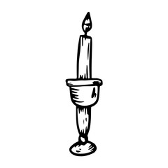 Candle in a candlestick sketch hand-drawn in the style of black and white graphics. Candle on a white background