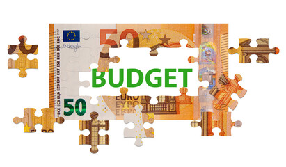 unfinished jigsaw puzzle from 50 Euro banknote, business solution concept, Key for success concept