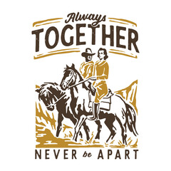Cowboy couple riding horse illustration