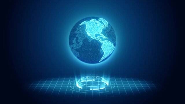 Motion graphic of glowing blue circle technology and earth sphere with light beam on grid background