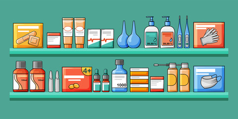 The interior of the pharmacy, shelves with medical medicines. Vector illustration.