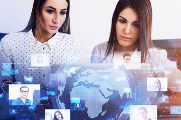 Businesswomen with laptop and people video chat icons, earth globe and finance