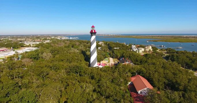 St. Augustine Lighthouse aerial view. This light is a National Historic Landmark on Anastasia Island in St. Augustine, Florida FL, USA.