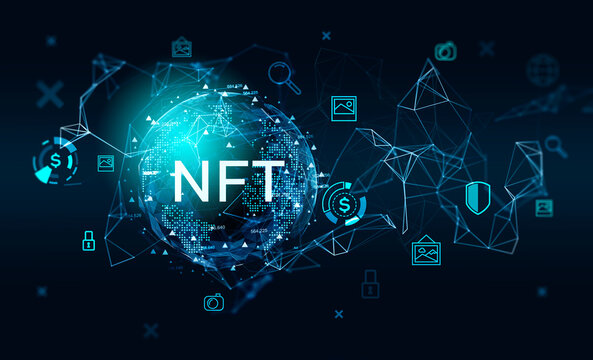 Non-fungible token hologram on virtual digital screen, nft with network circuit and globe. Dark background. Concept of cryptoart and technology