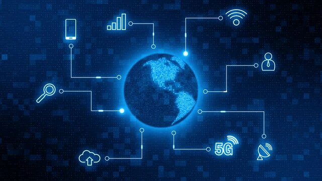 Motion graphic of Blue earth sphere ​connection and data transfer to multi devices futuristic technology abstract background