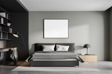 Light grey bedroom interior with bed and linens and workplace, mockup poster