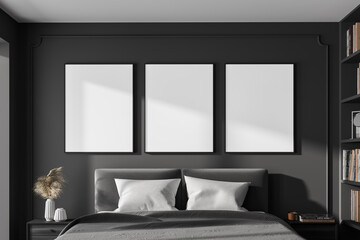Grey bedroom interior with bed and linens, mockup poster