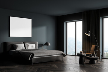 Dark bedroom interior with bed and armchair near window, mockup poster