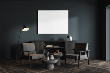 Dark living room interior with armchairs on parquet floor, mockup poster
