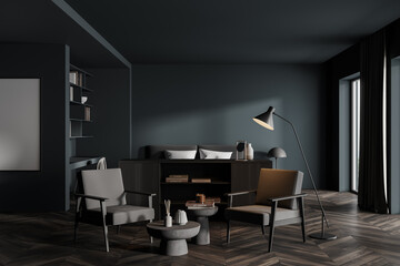 Grey bedroom interior with armchairs and bed on wooden floor, mockup poster