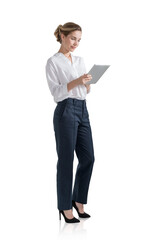 Naklejka na ściany i meble Businesswoman in white shirt with tablet, isolated over white background