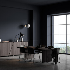 Grey dining room interior with minimalist furniture and window