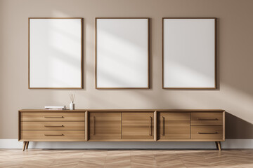 Bright gallery room interior with three white empty posters